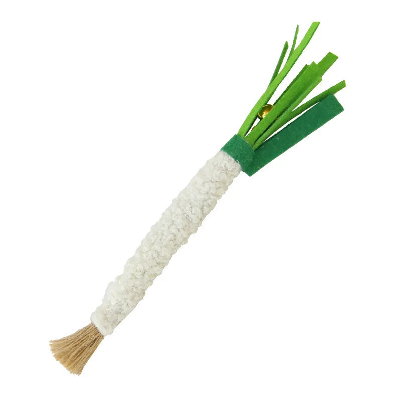 The Ultimate Kitten Teething Wand Toy by KittyNook Cat Co. features a green onion shape and textured body for teething relief.