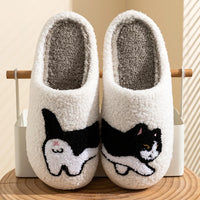 Thumbnail for CozyPaws Cute Cat House Slippers by KittyNook Cat Co.—fuzzy black-and-white cat design, perfect for home lounging.