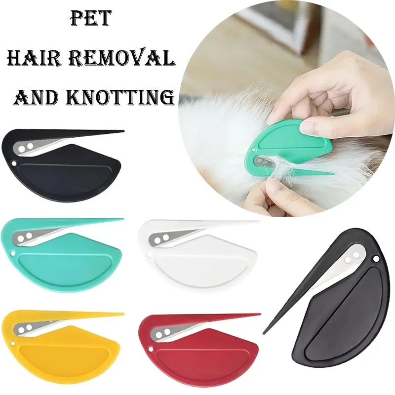 A hand uses the KittyNook Cat Co. 2-in-1 Pet Knot Remover Grooming Comb on fur, showing five colorful comb options.