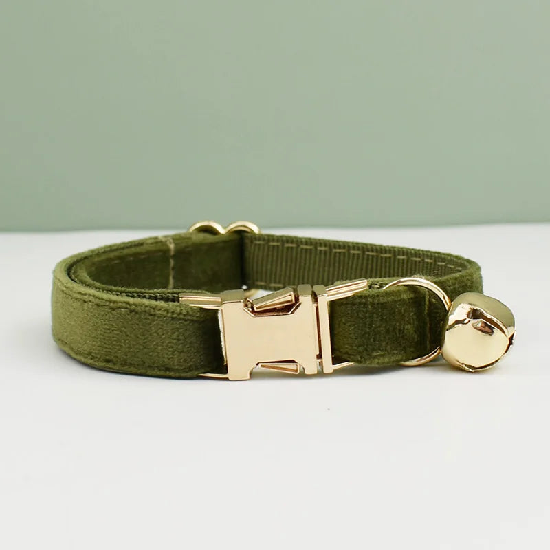 KittyNook Cat Co. Velvet Cat Collar in olive green with gold buckle and bell—luxurious softness, purrfect fit.