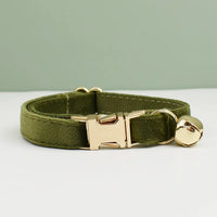 Thumbnail for KittyNook Cat Co. Velvet Cat Collar in olive green with gold buckle and bell—luxurious softness, purrfect fit.