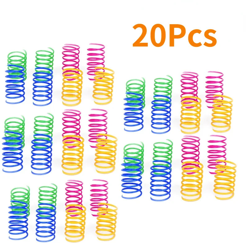 KittyNook Cat Co. Colorful Spiral Spring Cat Toy Pack: 20pcs in green, pink, yellow & blue arranged in rows.