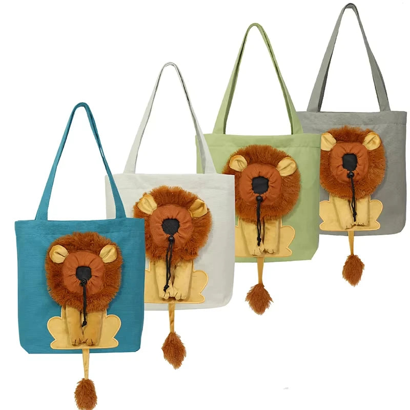 KittyNook Cat Co.’s Lion Design Soft Cat Carrier Bag in blue, white, green, or gray—stylish and portable for pets!.