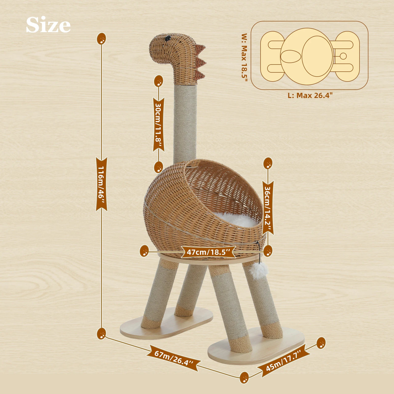 KittyNook Cat Co. Dinosaur Cat Tree Tower with rattan condo, labeled sizes, and sturdy scratcher legs on wood backdrop.