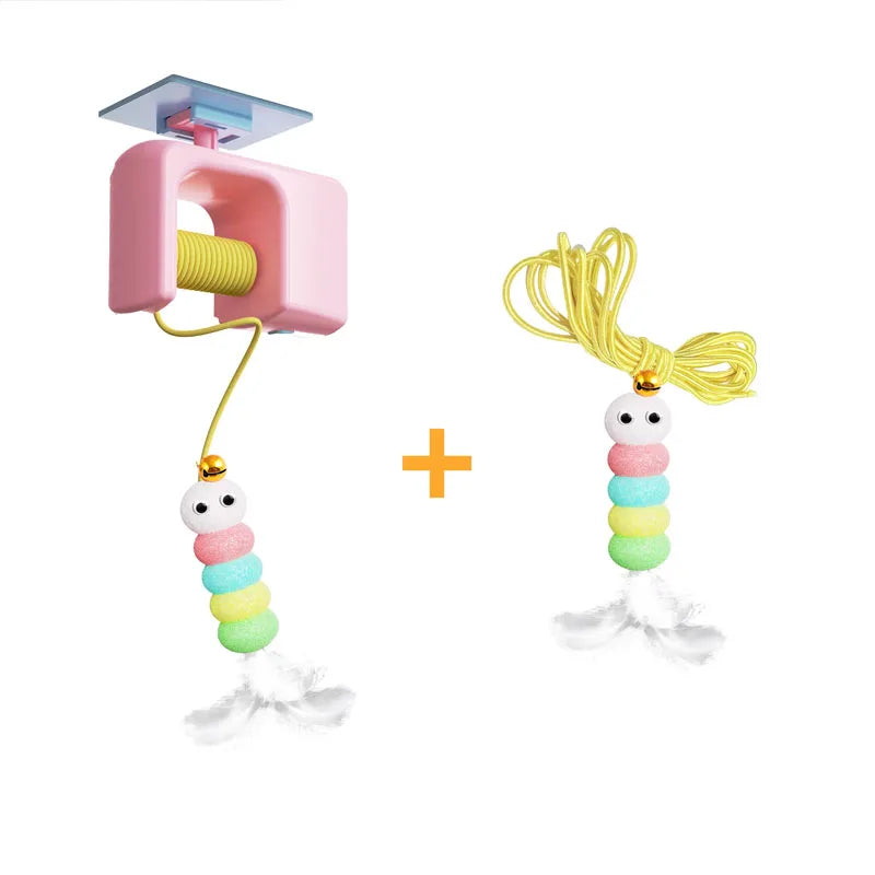Elevate playtime with KittyNook Cat Co.'s Interactive Hanging Toy—pink clip, string & pastel worm charm for cats.