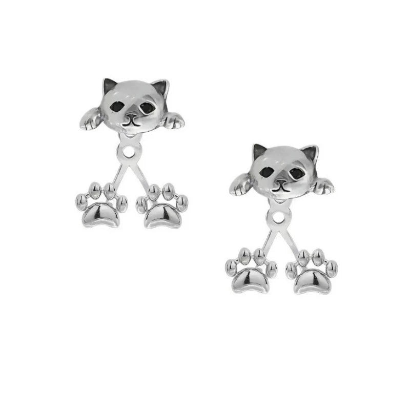 KittyNook Cat Co. Vintage Silver Cat Back-Hanging Earrings—stylish stud earrings with dangling paws for cat lovers.