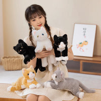 Thumbnail for A young woman smiles, holding five colorful Snuggle Soft Cat Plush Dolls by KittyNook Cat Co. for the camera.