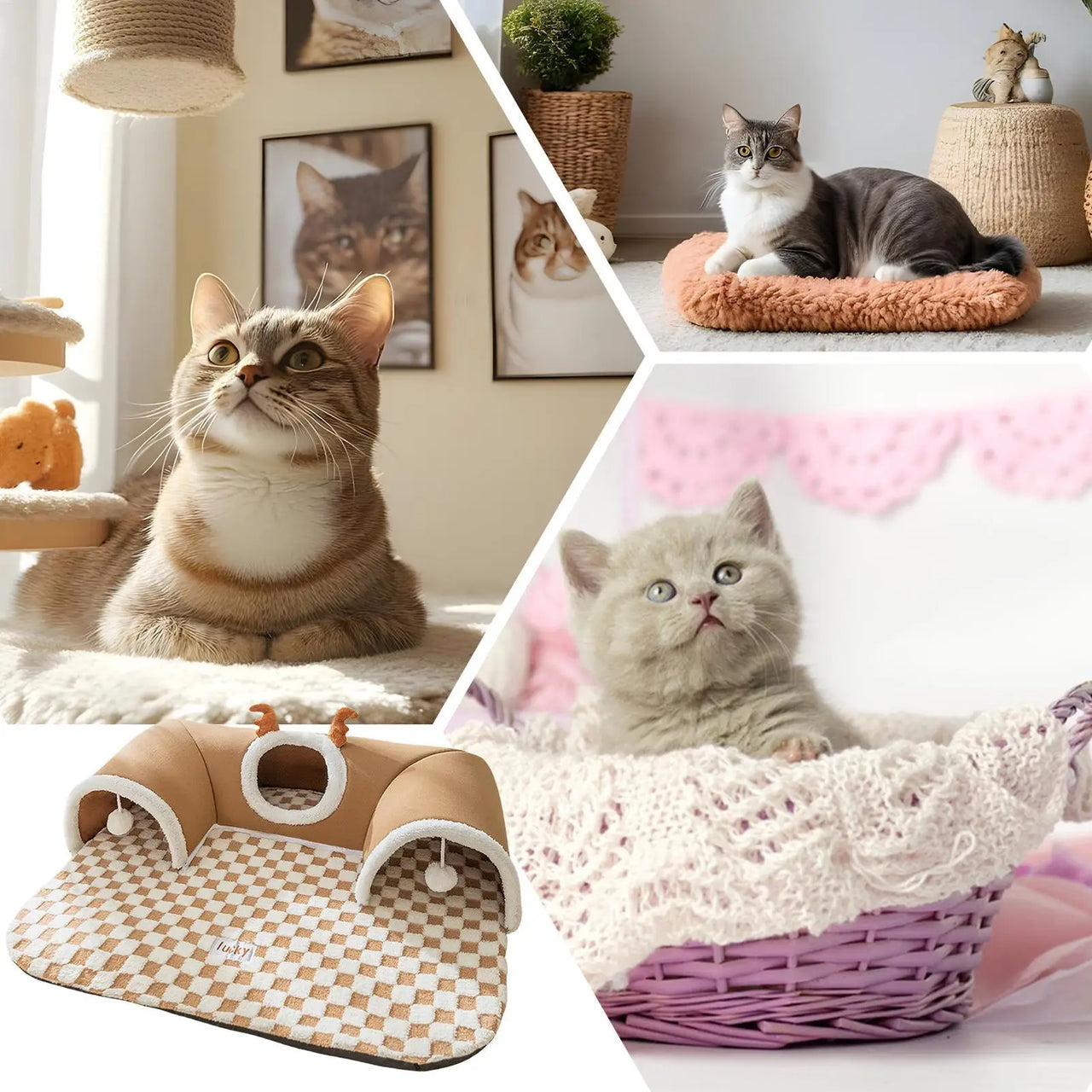 Collage of four cats relaxing indoors with KittyNook Cat Co.’s Winter Warm Plush Tunnel Cat Bed.