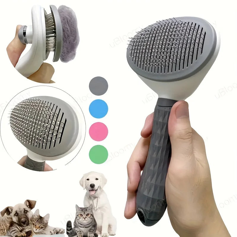 A hand holds the KittyNook Cat Co. Pet Grooming Brush with self-cleaning hair removal; cats, dog, and color circles below.