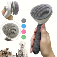 Thumbnail for A hand holds the KittyNook Cat Co. Pet Grooming Brush with self-cleaning hair removal; cats, dog, and color circles below.