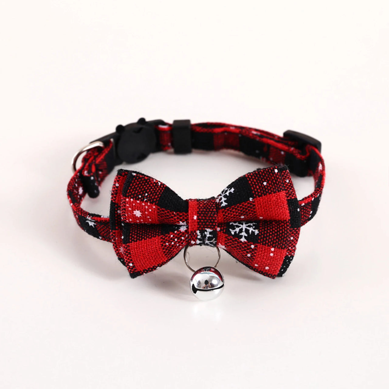 KittyNook Cat Co. Christmas Cat Bow Tie with Jingle Bell—festive red plaid collar with snowflakes for your pet.