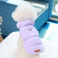 Thumbnail for A white fluffy dog in a KittyNook Cat Co. Ultra-Soft Padded Winter Cat Jacket sits on a white surface by a blue couch.
