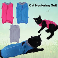 Thumbnail for Black cat in KittyNook Cat Co. Cat Neutering Recovery Suit, with extra suits shown in pink, blue, and gray.
