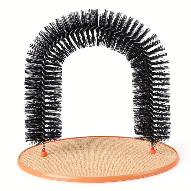 KittyNook Cat Co. 3-in-1 Cat Self-Grooming Arch Toy with black bristles on tan base and orange border for easy fur removal.