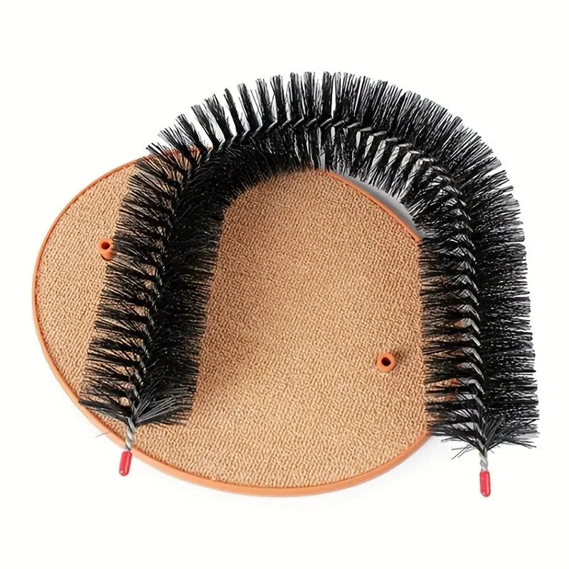 The KittyNook Cat Co. 3-in-1 Cat Self-Grooming Arch Toy features a black bristle brush on a textured brown base.