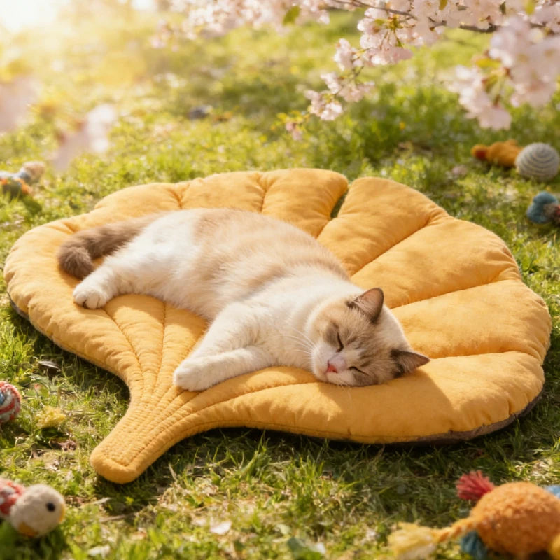 A light-colored cat sleeping on a yellow, leaf-shaped Leaf Pattern Cat Sleeping Mat in a grassy area.