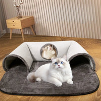 Thumbnail for Two fluffy cats play with the KittyNook Cat Co. Interactive U-shaped Cat Tunnel, one inside and one on the soft mat.