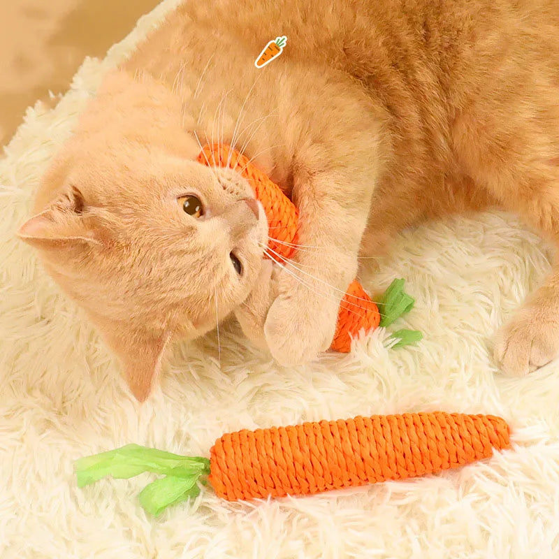 A light orange cat cuddles a KittyNook Cat Co. Bite-Resistant Cat Toy carrot, with another carrot toy close by.