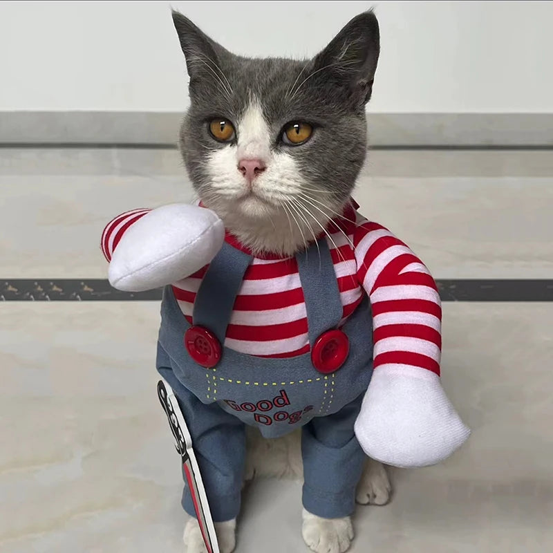 Dress your cat in KittyNook Cat Co.'s Halloween Cosplay Costumes Kitten Jumpsuits—striped, gray, and white jumpsuit.