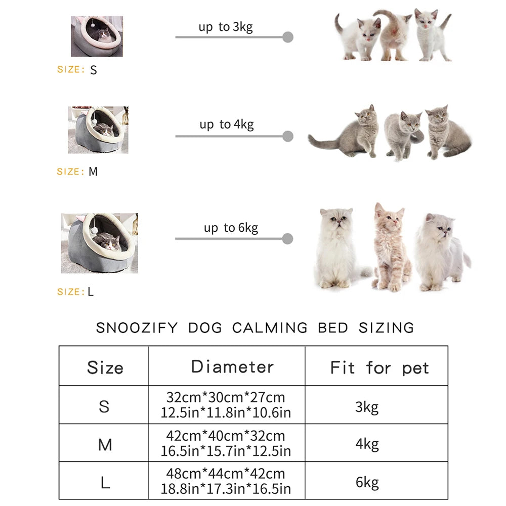 Sizing chart for KittyNook Cat Co. Cute Comfortable Cat Nest Bed with weight limits and dimensions, shown with cats.