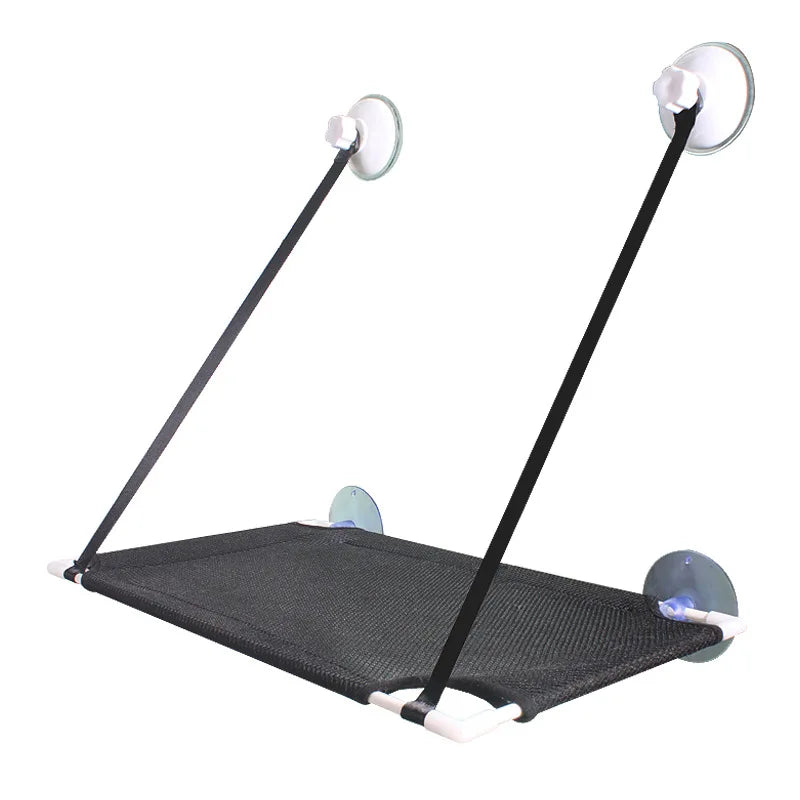 KittyNook Cat Co. Space-Saving Double Hanging Pet Bed with black mesh, 4 suction cups, and 2 straps for easy mounting.
