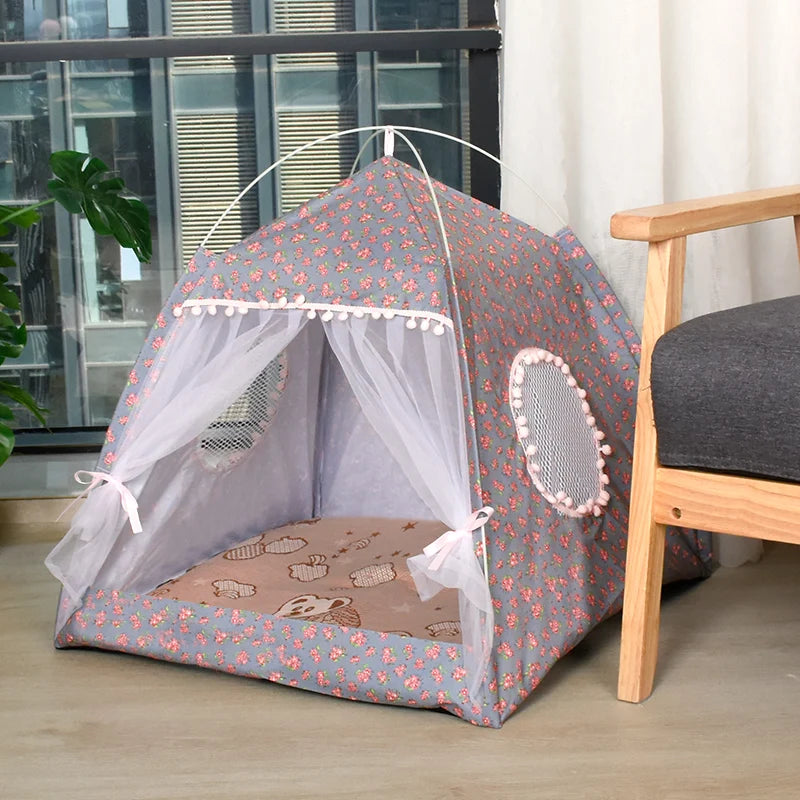The Serene Petal Semi-Enclosed Indoor Cat Tent by KittyNook Cat Co. features mesh windows and a soft cushion.