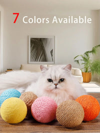 Thumbnail for White fluffy cat with six KittyNook Cat Co. Sisal Scratching Balls; text: 