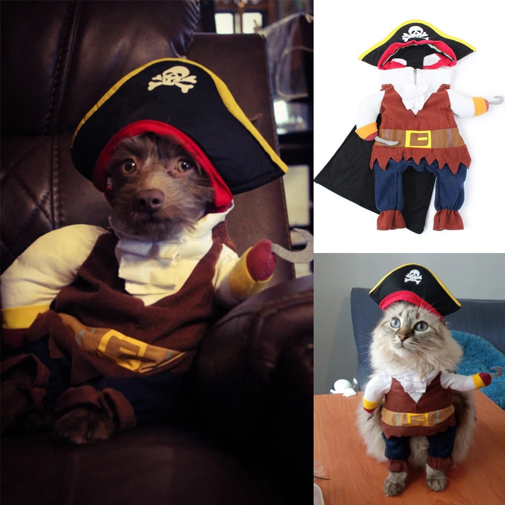KittyNook Cat Co.’s Halloween Funny Pirate Cat Costume—shown on pets and flat—is a hilarious Halloween outfit!.