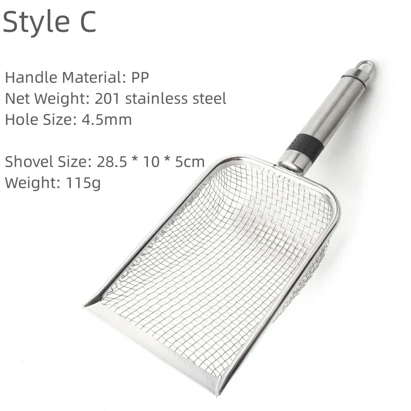 KittyNook Cat Co. Premium Metal Cat Litter Scoop with Long Handle, shown with details and measurements on white.