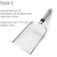 Thumbnail for KittyNook Cat Co. Premium Metal Cat Litter Scoop with Long Handle, shown with details and measurements on white.