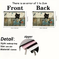 Thumbnail for Vintage Floral Kitty Makeup Pouch by KittyNook Cat Co., 22x13.5cm canvas, fade-proof with zipper detail.