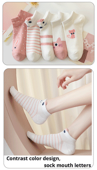 Thumbnail for Five pairs of animal-themed socks, including KittyNook Cat Co. Sweet Kitty Pink Short Tube Socks and bear face socks.