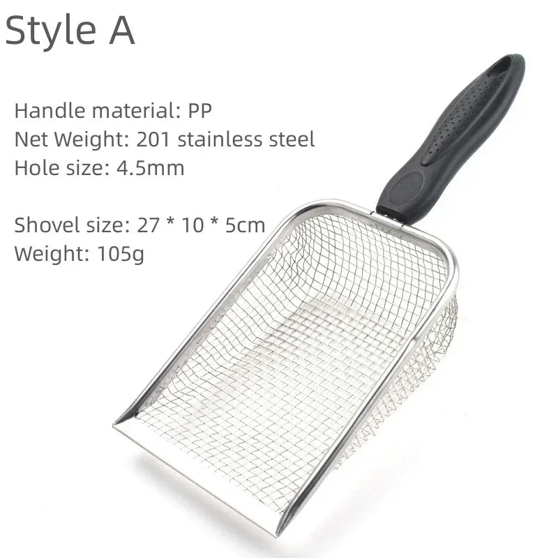 KittyNook Cat Co. Premium Metal Cat Litter Scoop with Long Handle shown with labeled dimensions and materials.