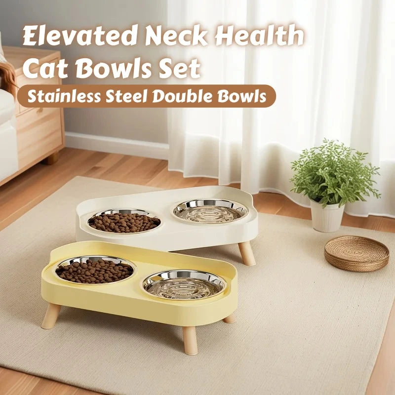 Two Dopamine DuoLift Colorful Cat Feeders by KittyNook Cat Co. with stainless bowls on a beige rug in a sunlit room.