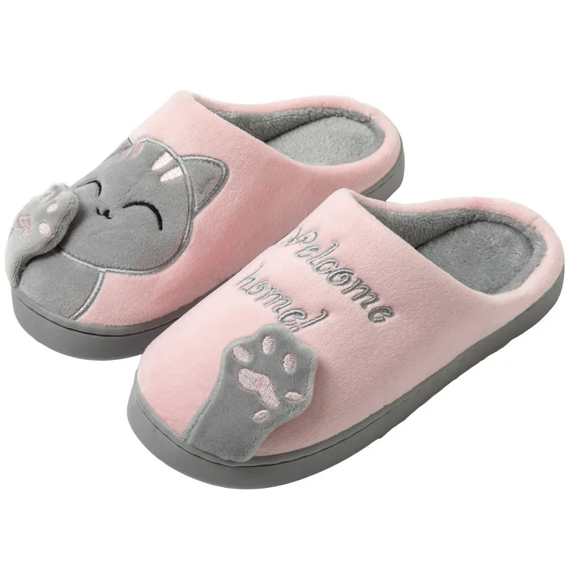 KittyNook Cat Co. Happy Pawprints Lucky Cat Slippers: pink with gray faces, paw prints, and "Welcome home!" embroidery.