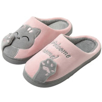 Thumbnail for KittyNook Cat Co. Happy Pawprints Lucky Cat Slippers: pink with gray faces, paw prints, and 