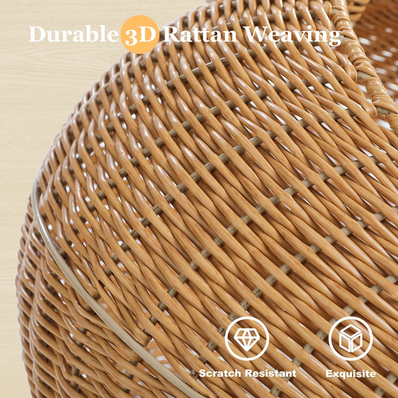 Close-up of tan rattan on KittyNook Cat Co. Dinosaur Cat Tree: “Durable 3D Rattan,” “Scratch Resistant,” “Exquisite.”.
