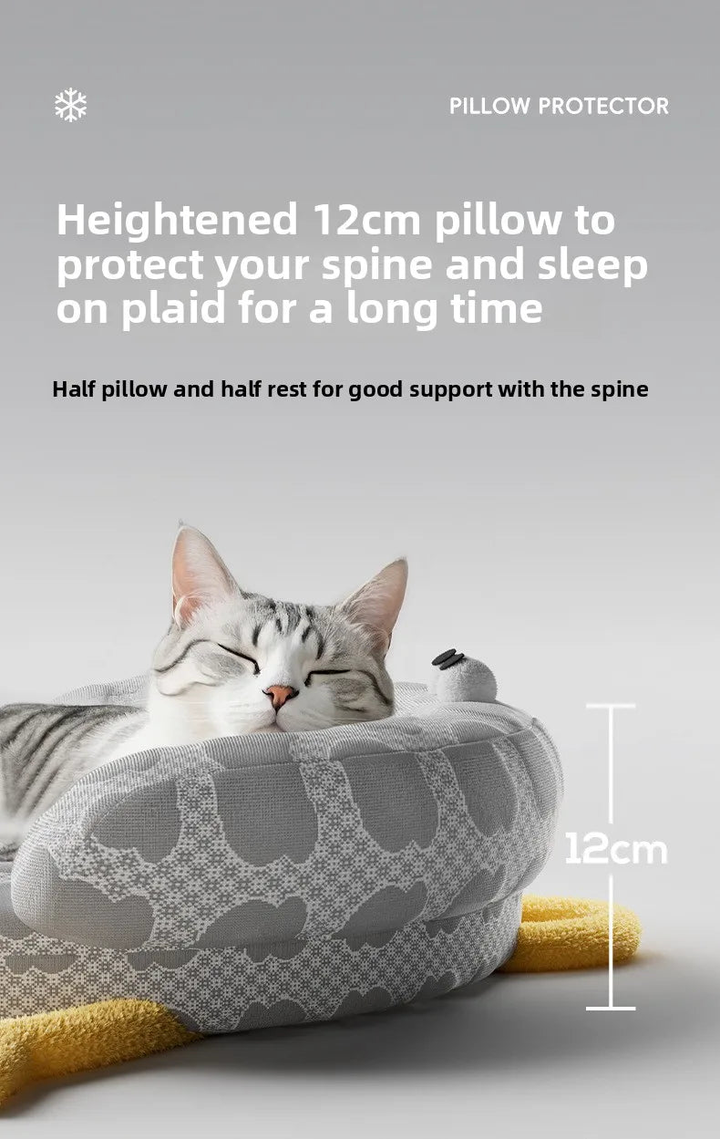 A cat sleeps on the 12cm high Ice Silk Cat Nest by KittyNook Cat Co., showing spine support and a gray/white design.