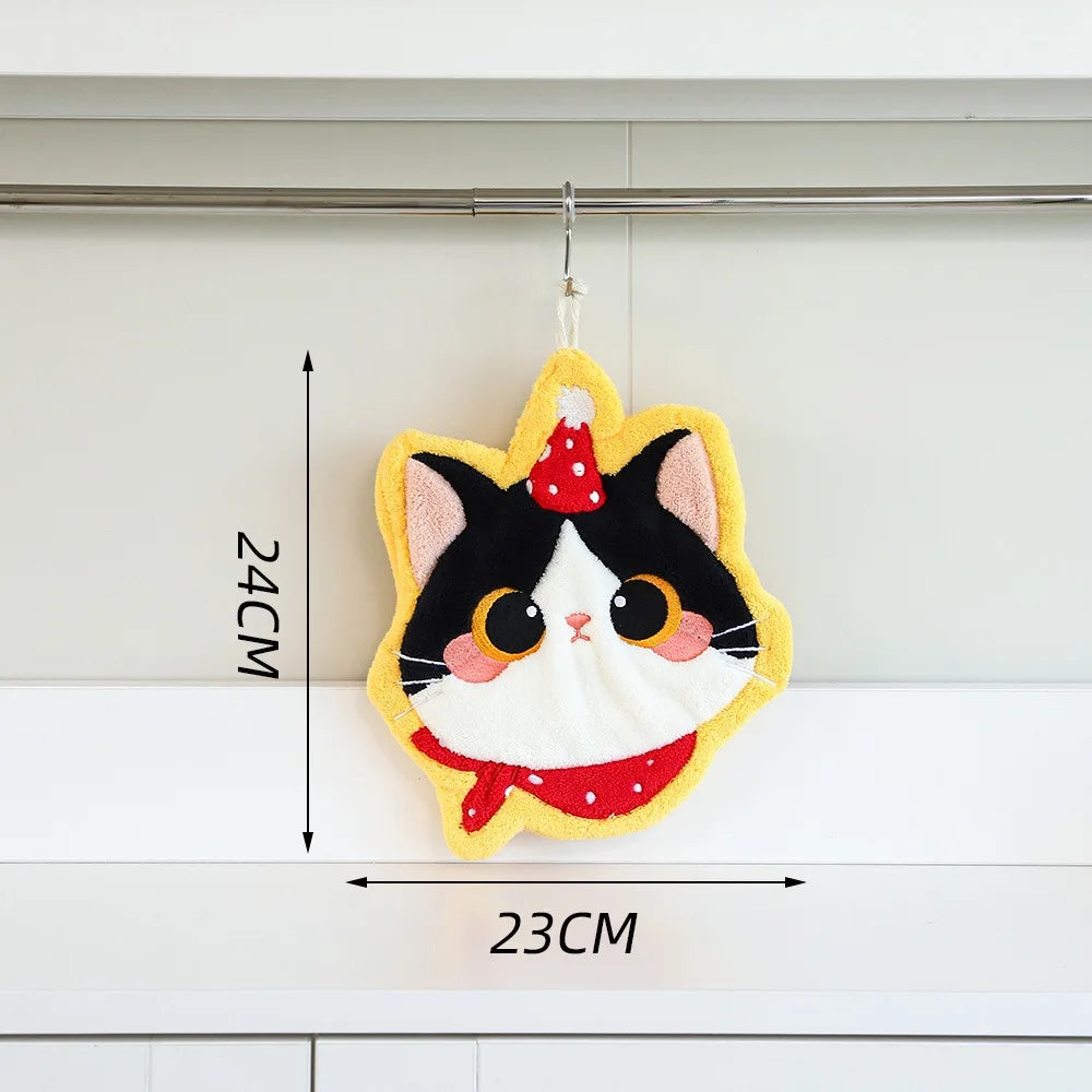 KittyNook Cat Co. Premium Coral Fleece Kitchen Towel, cat-shaped with red scarf, 24x23cm hanging style.