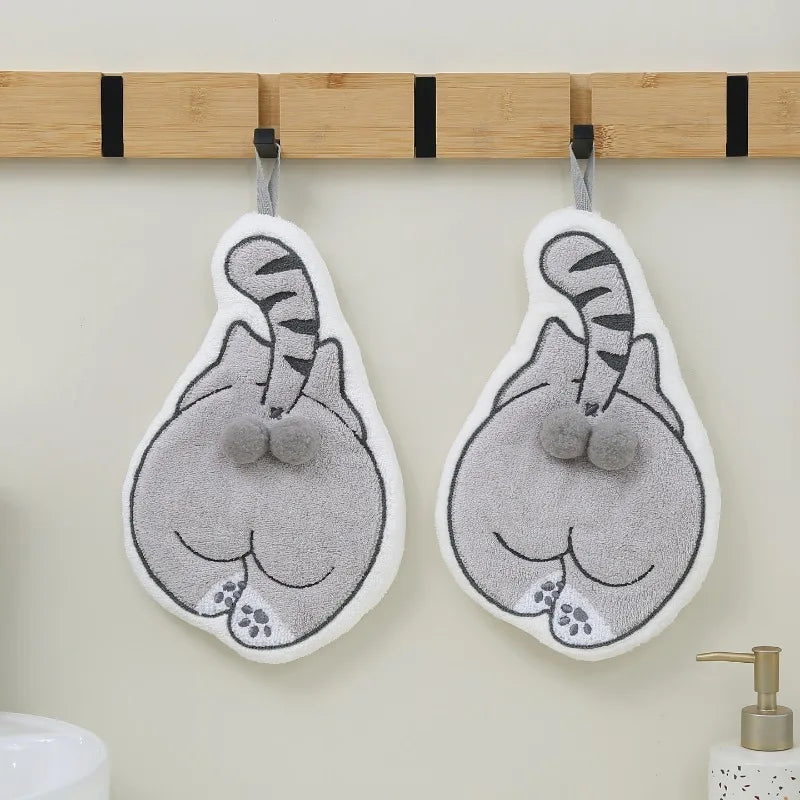 Two Cartoon Cat Hanging Hand Towels with gray and white striped tails and paw prints on the bottom.