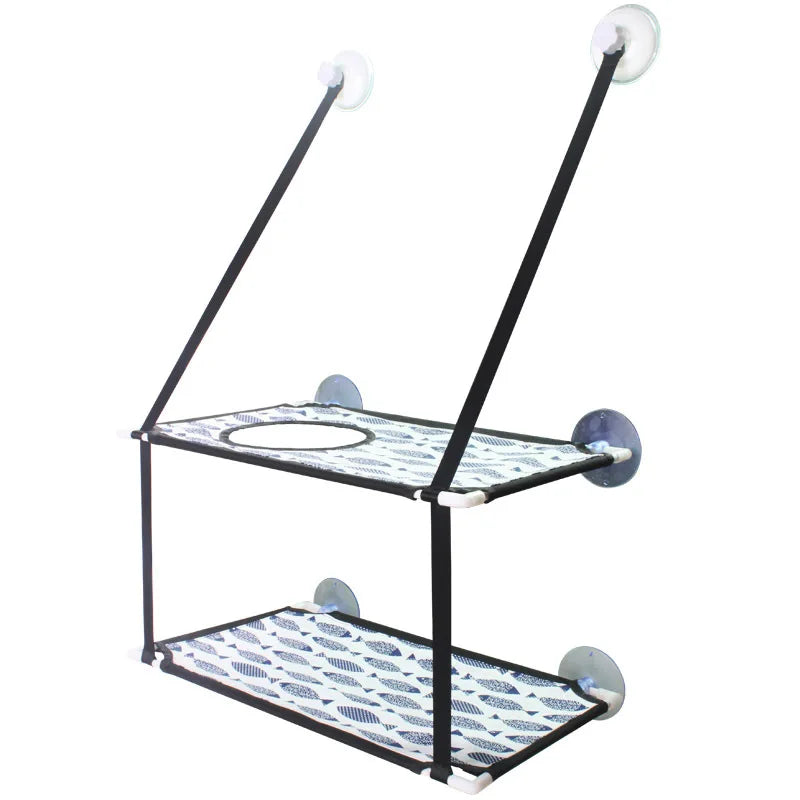 KittyNook Cat Co. Space-Saving Double Hanging Pet Bed: a two-tier window bed with fabric shelves and suction cups for cats.