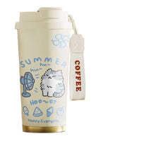 Thumbnail for KittyNook Cat Co. Cartoon Kitty Stainless Steel Travel Cup: white, blue cat design, fan, strap labeled 