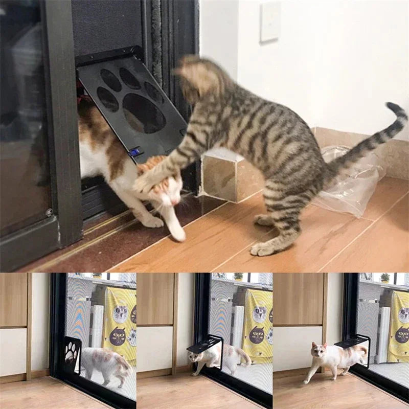 Four images show two cats using the KittyNook Cat Co. Magnetic Lockable Pet Screen Door; one cat nudges the other.