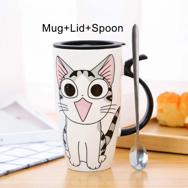 KittyNook Cat Co. Large 600ml Funny Kitty Gift Mug with black lid and spoon on handle, cute cartoon cat design.