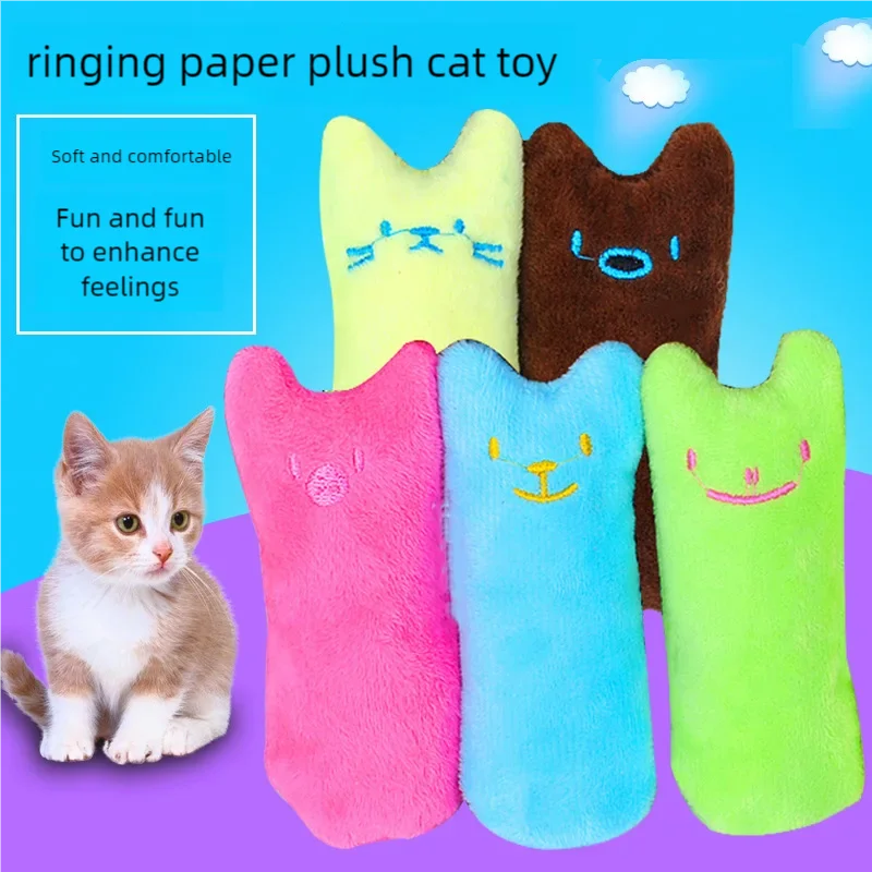 Five Safe Catnip Chew Toys by KittyNook Cat Co. are displayed, with a kitten on a blue and purple background.