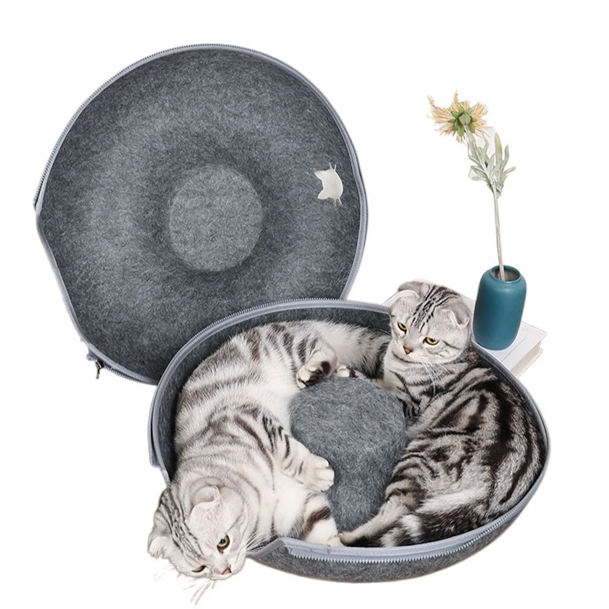 Two gray tabby cats relax in a KittyNook Cat Co. Orbital Lounge & Play Tunnel Bed beside a vase with a yellow flower.