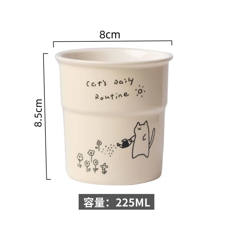 KittyNook Cat Co. Cute Illustrated Ceramic Cat Mug, 225ml, 8x8.5cm—cat watering flowers, "Cat's Daily Routine.