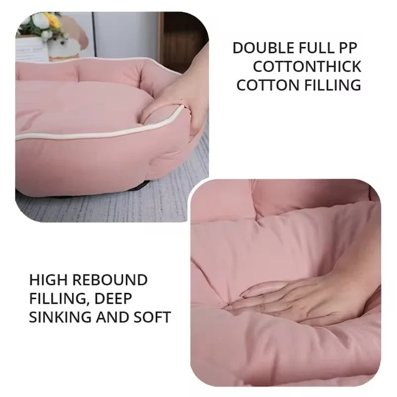 A hand presses on the Comfy Cat Sofa Sleeping Bed by KittyNook Cat Co., highlighting its thick, soft cotton filling.