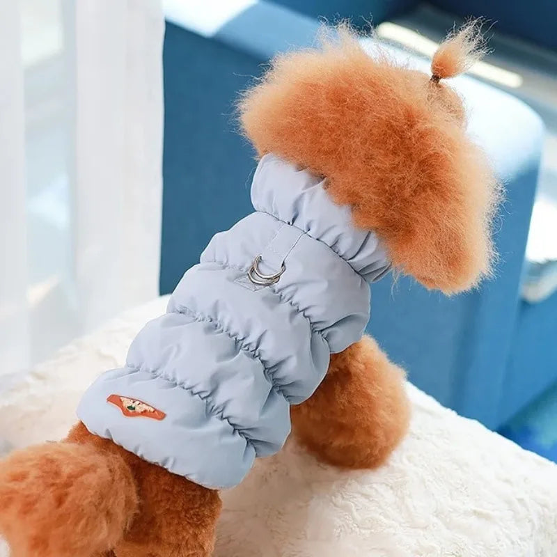 A small brown poodle wears the KittyNook Cat Co. Ultra-Soft Padded Winter Cat Jacket, sitting on a white surface.