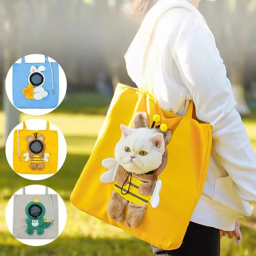 A person carries a yellow KittyNook Cat Co. Portable Crossbody Cat Carrier Bag with a cat; three more colors are shown.